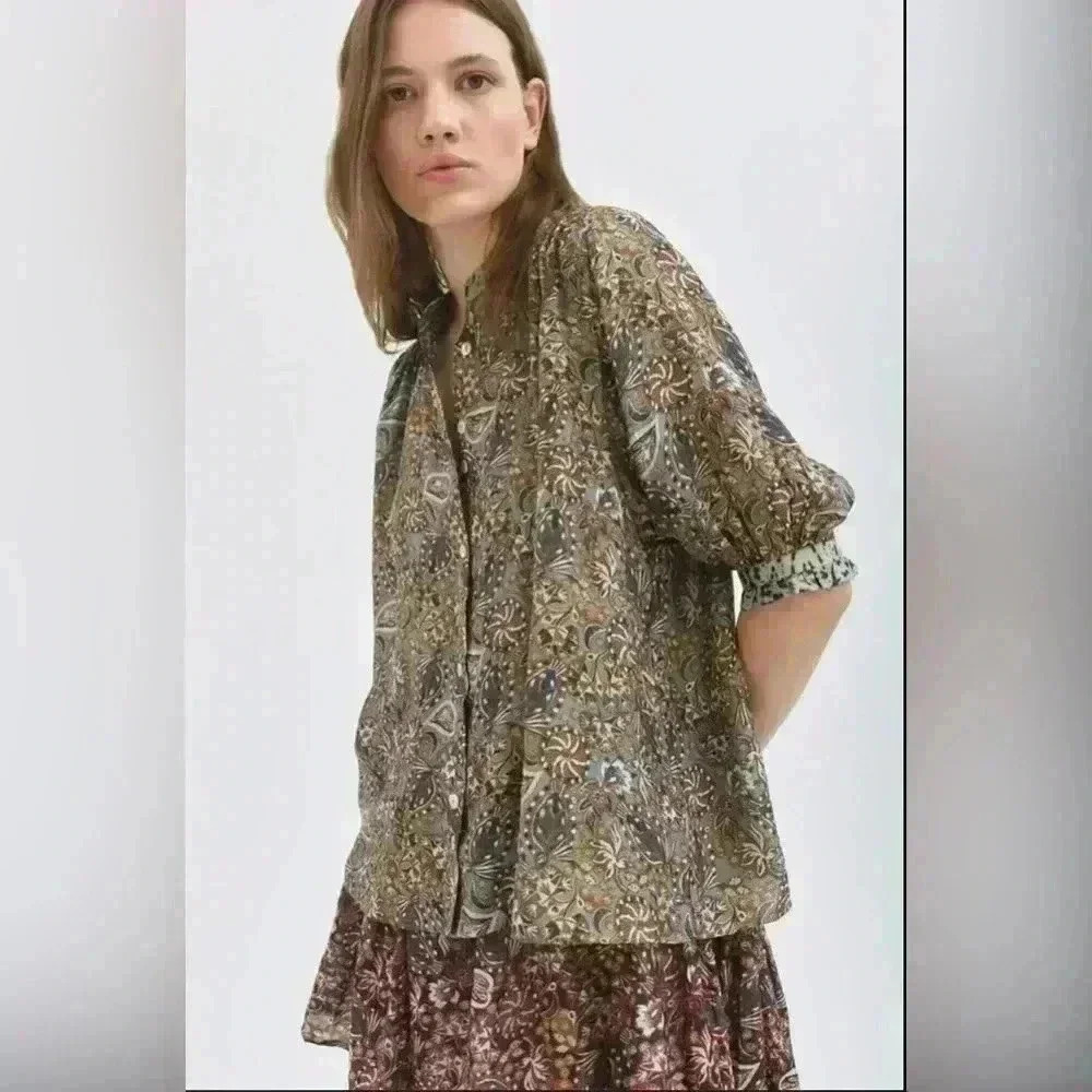 CHUFY KISSA SILK BLOUSE in Swia Brown Size Small